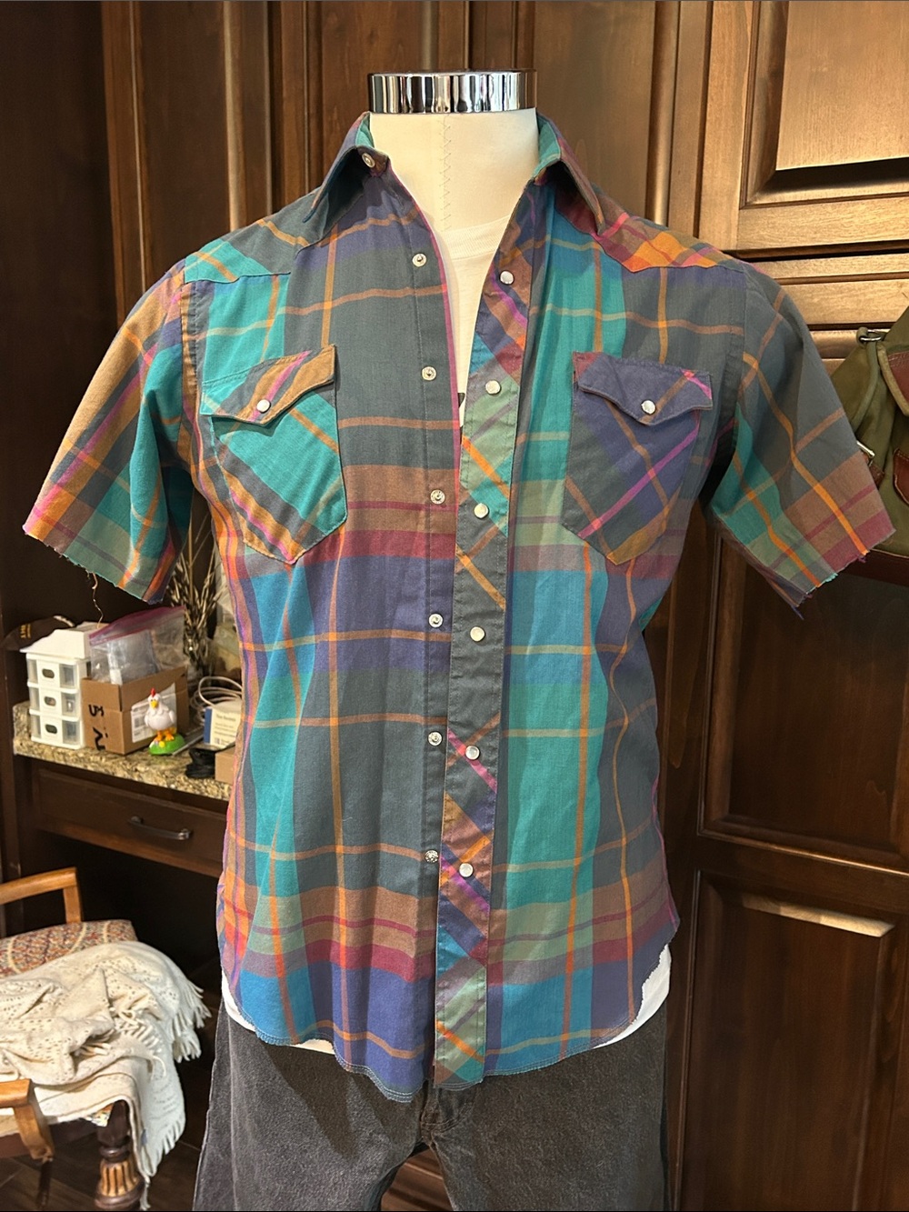90’s WranglerSz XL Pearl Snap Short-Sleeve Pastel Plaid Shirt
